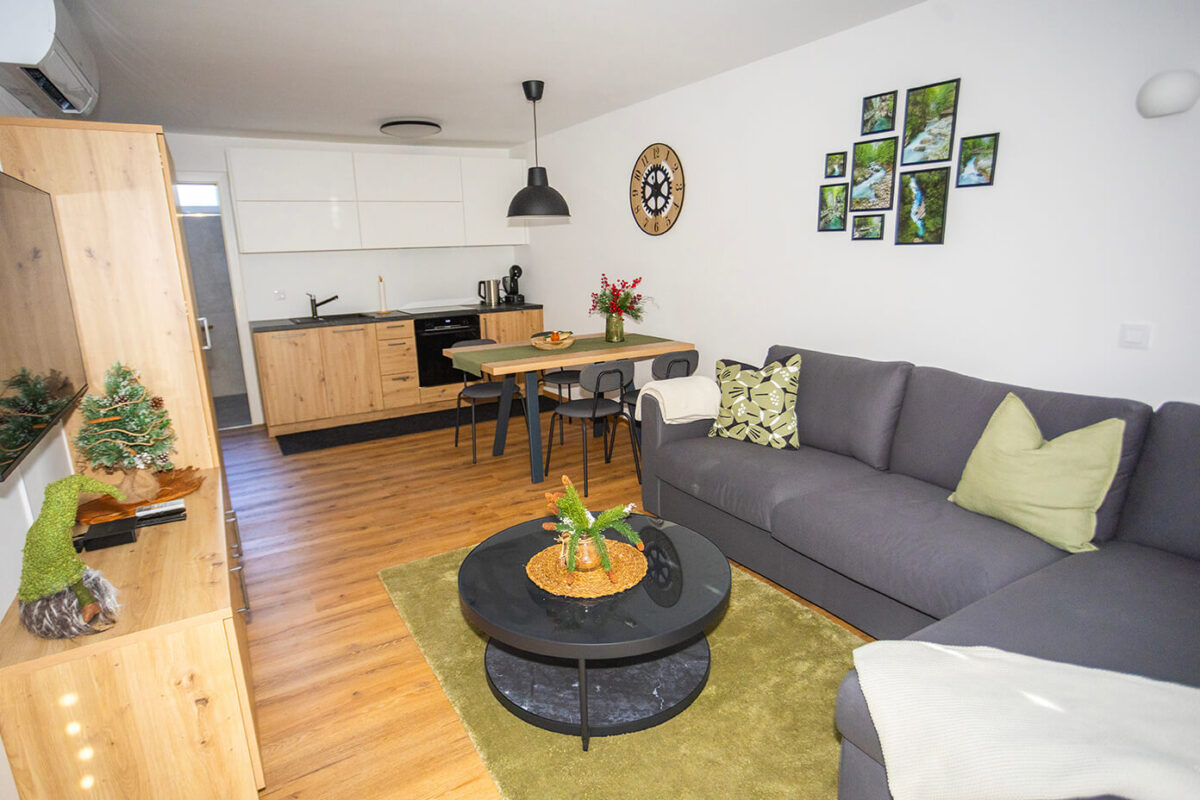 Dnevna soba in kuhinja - Apartma Vintgar Skalca Serenity Bled